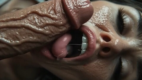Busty MILF mother kneeling and sucking her adult son's big cock in an AI generated taboo family fantasy scene