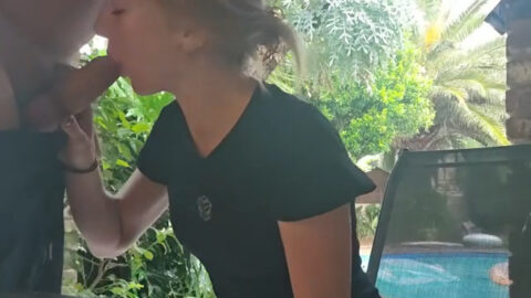 Clothed blonde teen daughter kneeling in the backyard giving her real father a quick blowjob while mom is away at the supermarket
