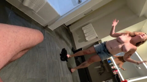 Furious real mother stands naked with her clothes removed, flashing her tits and pussy to her son who is jerking off in front of her.