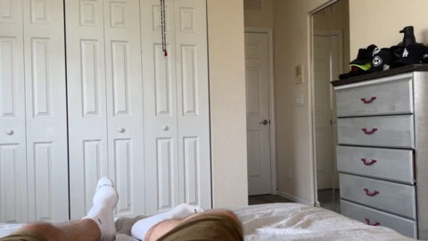 Petite sister on her back with legs spread wide as her big brother pounds her raw on the bed, taboo creampie sex scene