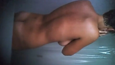 Nude step sister filmed by hidden voyeur camera in bathroom, bare tits and ass exposed while showering unaware