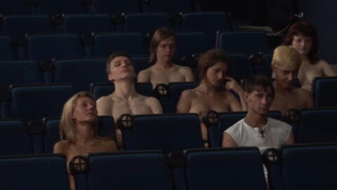 Shocked moviegoers reacting to naked people in a cinema during a hidden cam prank