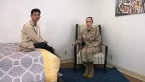 Army mom in uniform reuniting with her grown son in a taboo family moment