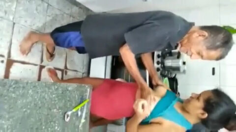 Confused elderly grandfather fondling his young granddaughter's exposed breasts during taboo amateur home encounter