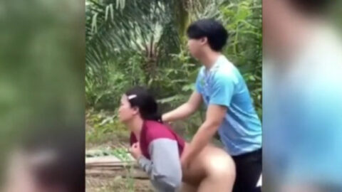 Real Vietnamese mother bent over for her son during secret amateur incest sex outdoors in dense jungle
