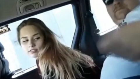 Amateur niece giving uncle a sloppy blowjob in the front seat of a parked car