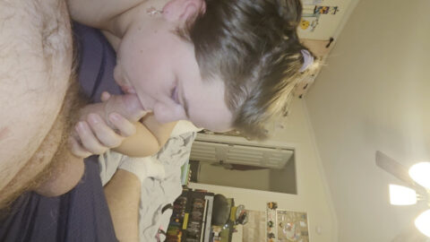 Thick daughter kneeling in front of her biological dad giving him a sloppy amateur blowjob