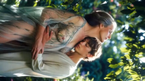 AI generated taboo image of a mother hugging her son in a lush Eden garden setting