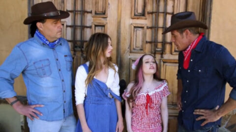 Two fathers milking and breeding their daughters in a taboo daughter swap scene